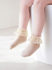 1 Pair Girls' Solid Color Lace Trim Hollow Out Breathable Princess Ankle Socks, For Daily Wear
