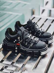 New 2024 High-End Punk Style Skull Decoration Thick Sole Derby Shoes For Men, Mixed Colors Casual Sneakers With Metal Accent, Heightening Design