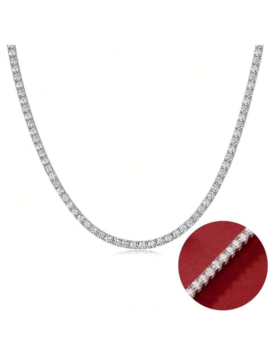 18K White Gold Plated 3.0mm Round Cubic Zirconia Cut Simulated Rhinestone Tennis Necklace,