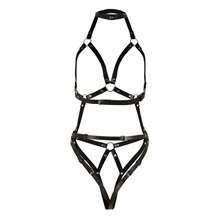 Adjustable Gothic Style Full Body Leather Harness Lingerie With Caged Bust And Open Cup Bra - Black - View 11
