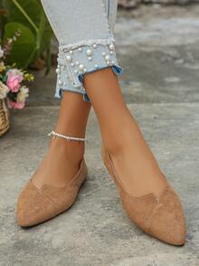 Plus Size 35-45 Women's Black Pointed Toe Flat Shoes, New Fall Casual Outdoor Daily Loafers, Brown Suede Soft Bottom Work Shoes, Slip-On Flats - Brown - View 6