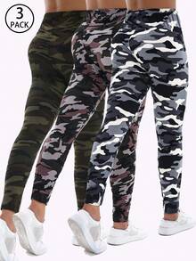 3 Packs Women Fashion Athletic & Casual Leggings, Multi-Color Camouflage Print Stretchy High Elastic Tights For Fitness Workout, Training, Jogging, Exercise, Yoga, Outdoor Activities, Everyday Wear, Spring/Summer - Multicolor - View 2