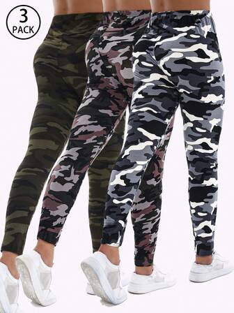 3 Packs Women Fashion Athletic & Casual Leggings, Multi-Color Camouflage Print Stretchy High Elastic Tights For Fitness Workout, Training, Jogging, Exercise, Yoga, Outdoor Activities, Everyday Wear, Spring/Summer Vacation