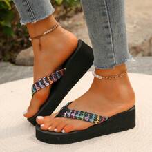 Chanclas de mujer con cuerda, plataforma trenzada de paja con tacón de 5cm de grosor, sandalias de cuña resistentes al desgaste y antideslizantes para vacaciones, playa y verano