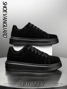 Men's Minimalist Style Classic Versatile Color Block Lace-Up Black Sneakers, Teens Outdoor Casual Couple Sports Shoes, Formal Wear