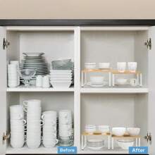 2pcs Cabinet Organizer Rack, Stackable Storage Shelf For Kitchen, Spice Rack, Multifunctional Wooden Desktop Organizer, Expandable Counter Top Rack, Bathroom Cabinet Top Organizer