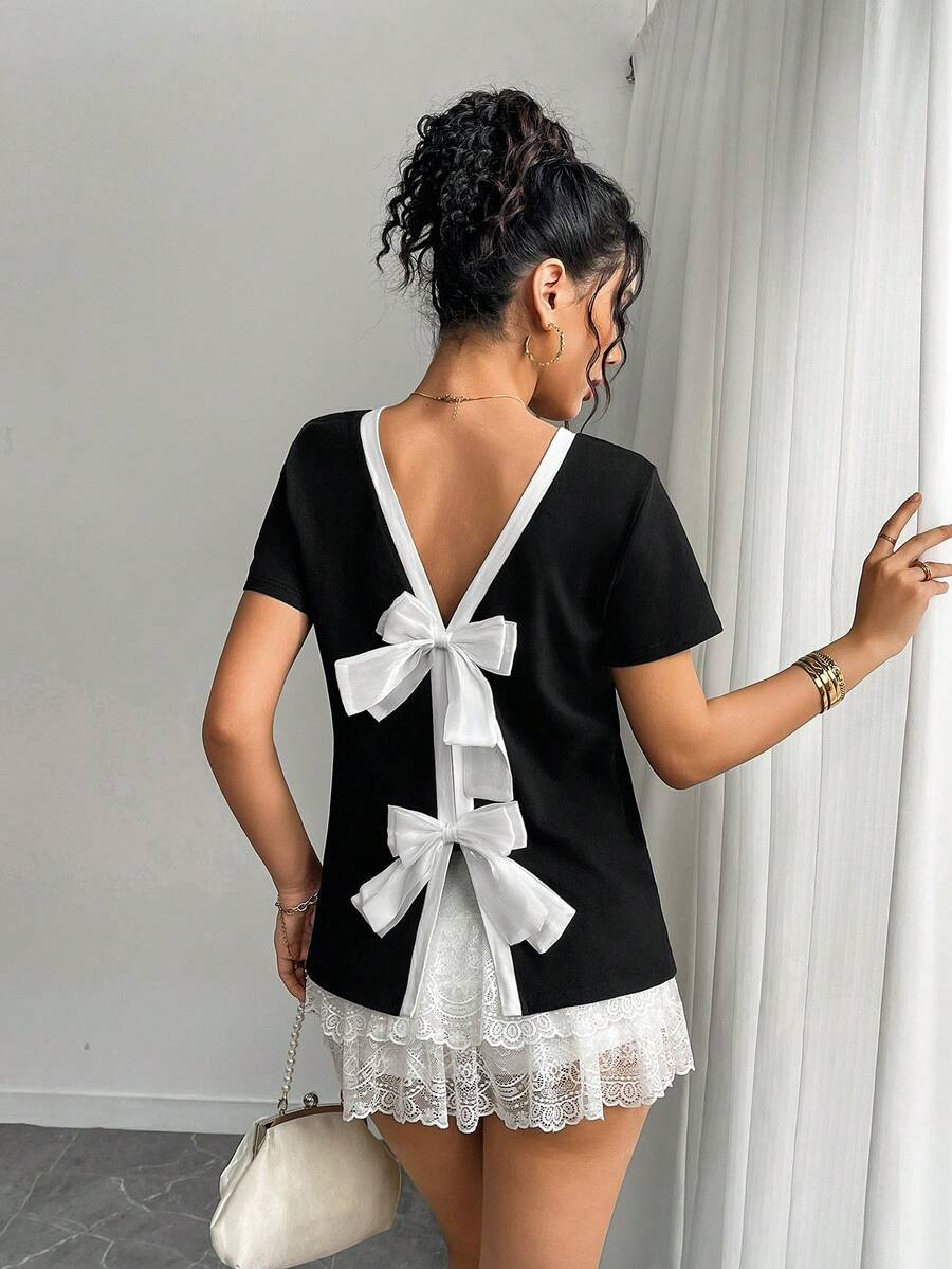 Mobula Sound Damen Bluse mit rückenfreiem Schleifendekor, elegant, lässig, für den Urlaub, süß und schlankmachend, kurzärmlig, geeignet für Frühling und Sommer, Cut Out