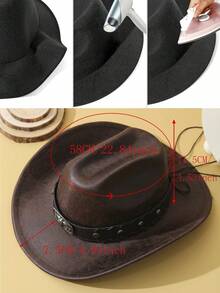 1pc Unisex Cattle Head & Belt Decor Boho Jazz Cowgirl Hat Cowboy Hat Ridge Wide Brim Handmade Soft Felt Hat Panama Hat Fedora Hat Western Suitable For Party - 咖啡棕 - 查看 4