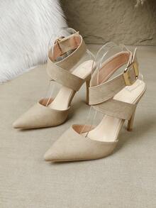 Women's Pointed Toe Stiletto Heel Backless Fashion Champagne/Black/White Sexy High Heel Pumps With Ankle Strap, Ladies Shoes - Apricot - View 6