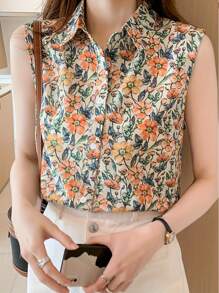 CMC Women's Floral Print Sleeveless Collared Shirt | Elegant Polyester Blouse | Vibrant Orange Green | Machine Washable | Spring/Summer Collection | Fashionable Button Design, Women's Shirt