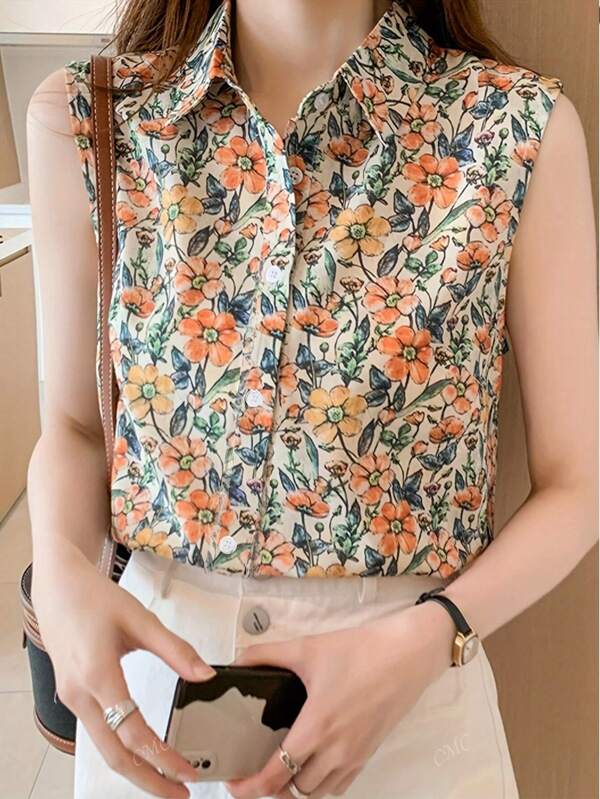 Chemise sans manches à col imprimé floral pour femmes CMC | Blouse élégante en polyester | Orange et vert vibrants | Lavable en machine | Collection printemps/été | Design boutonné , chemise pour femmes