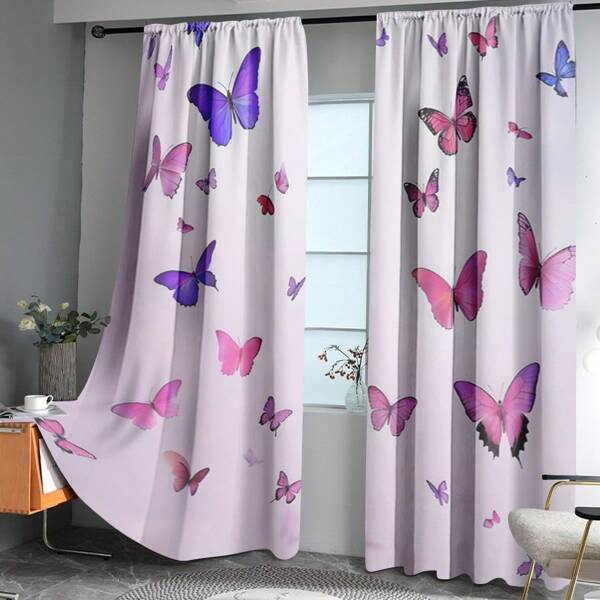 2pcs Cortinas de janela de poliéster com estampa de borboleta clássica para quarto de crianças e berçário, cortinas rosa, vários tamanhos