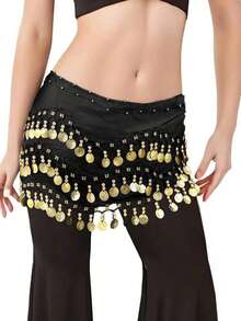 1pc Belly Dance Waist Chain Costume, Metal Mesh Waistband Bodysuit Decor, Gold Coin Waist Sash For Dance, Boho Style - Black - View 2