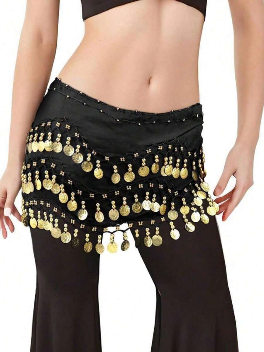 1pc Belly Dance Waist Chain Costume, Metal Mesh Waistband Bodysuit Decor, Gold Coin Waist Sash For Dance, Boho Style