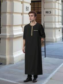 1 Bata de hombre árabe de cuello redondo, de unicolor, de moda y casual, con bolsillos, con encaje de contraste incrustado, de tela suave y cómoda que es amigable con la piel, ropa tradicional de Oriente Medio, bata de oración
