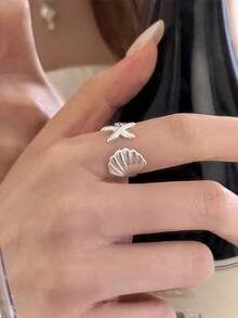 1 Pc Stainless Steel Shell & Starfish Decor Open Ring, Fashionable Daily Wear For Women - Geometry - View 2