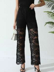 Dark Style Lace Contrast Mesh Long Pants, Minimalist And Fashionable, Suitable For Summer - Black - View 7