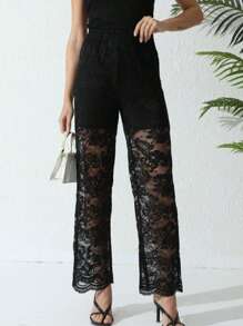 Dark Style Lace Contrast Mesh Long Pants, Minimalist And Fashionable, Suitable For Summer