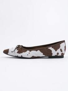 Women's Brown Pointed Toe Ballet Flats With Bow Decor, Elegant Slip-On Soft Bottom Loafers With Animal Print Fabric
