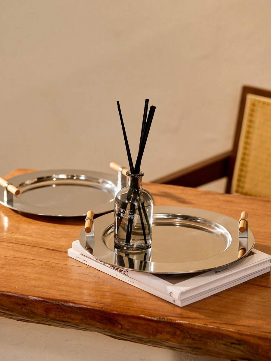 Cirelle 1 件北欧家居储物托盘带木柄茶盘桌面咖啡零食储物整理托盘不锈钢餐盘最佳礼物生日厨房配件厨房装饰餐桌托盘水果托盘托盘装饰毕业典礼，拉玛厨房必需品，厨房使用，高端餐厅用品，乔迁礼物，派对使用，家庭用餐 - 1個 - 查看 1