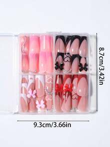 96片（4种混合款式）长棺材形和心形美甲贴片，3D水钻蝴蝶结法式美甲，中号按压式亚克力假指甲套装，包含1瓶甲油胶和1个指甲锉，适合情人节、法式美甲、女性日常、派对、美甲用品 - 彩色 - 查看 9