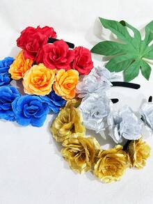 1件装女士金色、银色、红色、蓝色玫瑰花仿真花黑色发箍，圣诞节、新娘婚礼装饰发圈，女士发带发饰头饰美容家居卧室装饰 - 玫瑰 - 查看 4