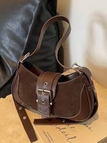 SHEIN ICON Retro Sweet Cool Babe Motorcycle Underarm Bag, Niche Texture Crescent Bag With Metal Eyelets, Crossbody Shoulder Handbag, Versatile For Commuting, Women, Halloween Purse Perfect For Fancy Party Halloween Fashion & Gothic Fashion - Coffee Brown - View 3