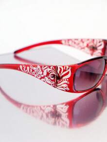 1pc Women's Y2K Floral Embossed Small Square Frame Fashion Eyewear, Suitable For Daily And Party Use For Summer Beach Vacation,Outdoor,Travel - Red - View 3