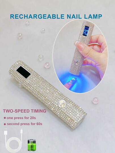1入USB鑽石手持充電LED指甲燈，帶LCD顯示屏的便攜式迷你指甲烘乾機，白色鑽石形裝飾，適用於凝膠指甲油，8顆高效LED燈珠，8倍放大鏡，快速高效固化指甲