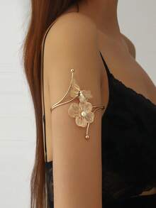 1pc Metal Openwork Butterfly & Pearl Inlaid Elegant Style Fashion Bangle Bracelet For Women - Gold - View 5