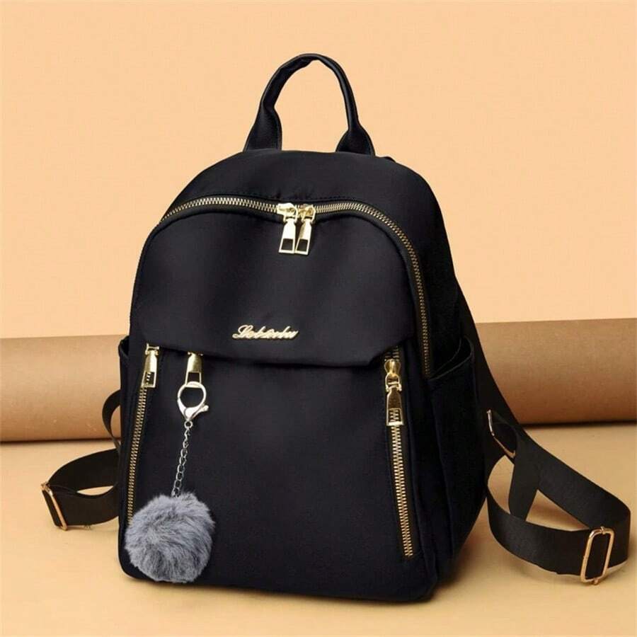 1Pc Women Fashion Backpack Large Capacity Casual Travel Backpack Ladies Bag New Student Schoolbag Backpack Unisex Bags Solid Color Pocket Zipper Backpack, Travel Daily Bag, Women's Casual School Backpack Small Backpack, Outdoor Casual Backpack With Plush Ball Pendant - Black - View 1