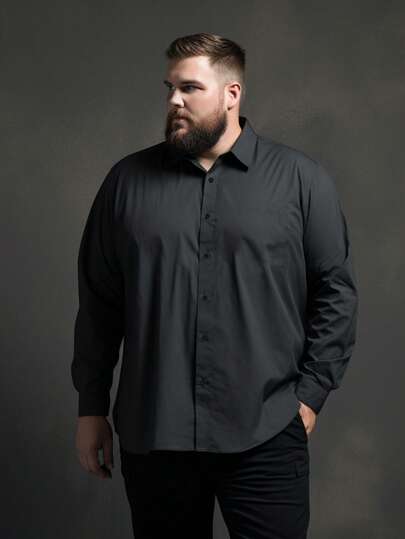 Plus Size Men's Long Sleeve Shirt, Black Button-Down Shirt, Fashion Solid Color Casual Jacket For Stylish Big & Tall Men, For Fall