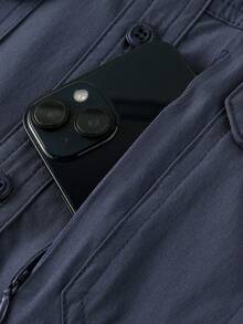 LEDUNTINO [Spring/Summer] Men's Fashion Casual Cargo Shirt, Sports Style, Solid Green Color, Great Gift For Husband Or Boyfriend, Men's Short Sleeve Shirt With Lapel, Button, And Zipper Pocket, Spring Summer Men's Clothing - Blue - View 7