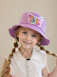 1pc Girls' Sequin Butterfly Bucket Hat, Spring/Summer Children Sun Hat, Adjustable Toddler Windproof Bucket Hat - Purple Bow - View 7