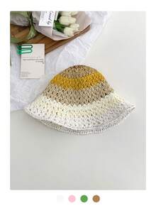 1pc Women Dopamine Gradient Weaven Round Top Straw Hat, Summer Beach Sun Protection Hat, Face-Slimming Bucket Hat, Breathable Bohemian Hollow Straw Hat - Straw Bucket Hat - View 16