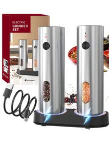 CLITON Zestaw elektrycznych młynków do soli i pieprzu z akumulatorem i automatycznym oświetleniem LED – obsługa jedną ręką, podwójna podstawa ładująca i regulowana grubość – najwyższej jakości automatyczne młynki do przypraw (1 szt., 2 szt., 2 opakowania)