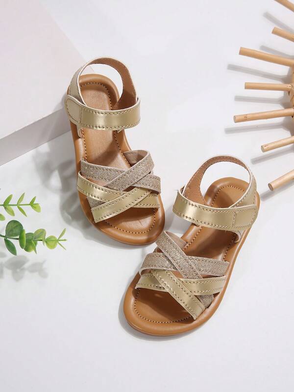 1 Par de Sandalias para niños pequeños/niñas pequeñas con tira de brillo y punta redonda, con cierre de gancho y bucle, suela blanda de PU, diseño lujoso y resistente al desgaste, antideslizante, apropiado para niños y niñas de 3 a 15 años para usar en casa, fiestas, campus, interior/exterior, playa, nueva llegada para primavera/verano 2025