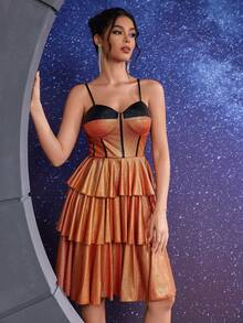 Women's Color Block Mini Cake Dress (Embellished), Party Dress, Prom Dress - Orange - View 1