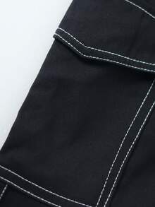 1 件青少年男孩复古休闲前卫简约牛仔效果口袋工装裤，适合秋冬季 - 黑色 - 查看 7