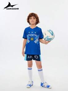 SURUIDA 2pcs Argentina Soccer Jersey Set For Teens And Kids, Including Shirt And Shorts, Casual Sports Style Suitable For Match, Training, And Stage Performance - 藍色 - 查看 8