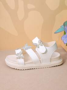 1 Pair Girls Rhinestone Butterfly Decor Leather Soft Anti-Slip Open-Toe Hook And Loop Flat Sandals, Sweet Princess Style, For Party/Daily Outfits - White - View 9