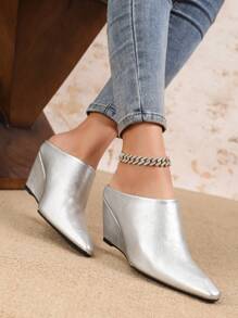 Mules mit offenem Rücken für Damen, europäischer Stil, weiches Leder, quadratische Zehenkappe, Keilabsatz, hoher Absatz, Schlüpfen