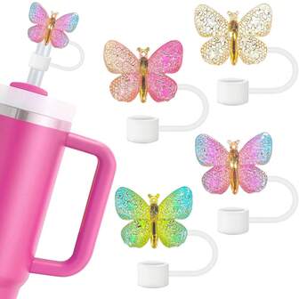 1 件/4 件闪光硅胶吸管盖蝴蝶吸管盖杯盖，10 毫米/0.39 英寸可重复使用吸管盖适用于玻璃杯配件