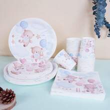 68/10/Set, Blue And Pink Teddy Bear Themed Party Supplies, Disposable Party Plates, Party Paper Plates. Includes 7-Inch Plates, 9-Inch Plates, Paper Cups, And Tissue Sets. Suitable For 16 People, Picnic Supplies, Birthday Parties, Camping, Decoration, And Celebration Events. Party Gifts, Bridal Showers, Cartoon Animals, Cute, Blue, Pink, Bear - Multicolor - View 1