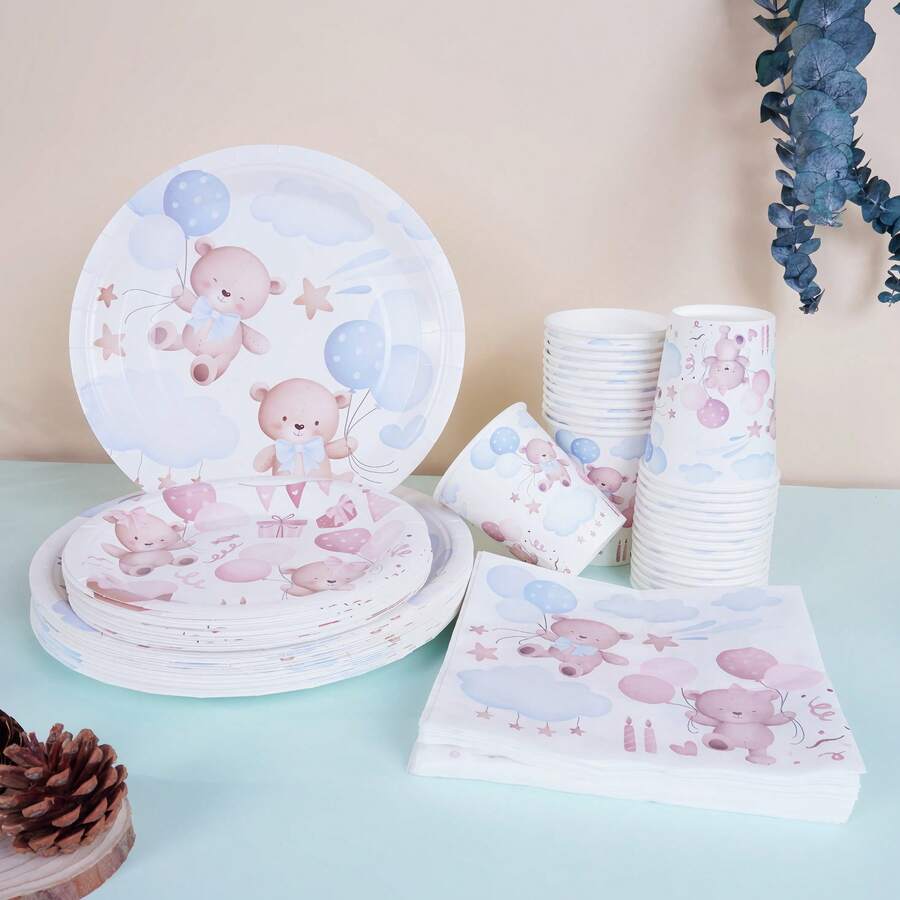 68/10/Set, Blue And Pink Teddy Bear Themed Party Supplies, Disposable Party Plates, Party Paper Plates. Includes 7-Inch Plates, 9-Inch Plates, Paper Cups, And Tissue Sets. Suitable For 16 People, Picnic Supplies, Birthday Parties, Camping, Decoration, And Celebration Events. Party Gifts, Bridal Showers, Cartoon Animals, Cute, Blue, Pink, Bear - Multicolor - View 1