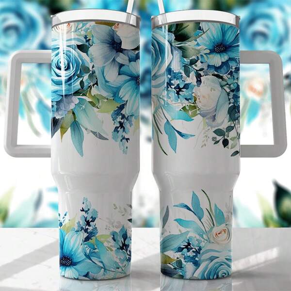 2PCS With Bright Aqua Floral Pattern UV DTF Transfer Stickers For 40oz Libbey Glass Cups - Waterproof & Scratch-Resistant, DIY Decoration Kit For Tumblers, Coffee Mugs & More (Cups Not Included)