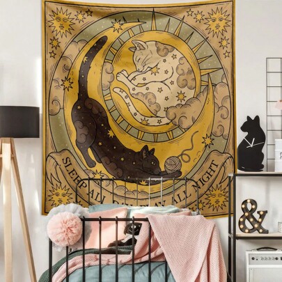 1pc Retro Sun, Moon, Lucky Cat, Constellation, Letter Printed Bohemian Style Tapestry, Wall Decor, Polyester Hanging Wall Tapestry For Living Room, Bedroom, Office, College Dorm, Home Decor, Kitchen Wall Decor With A Draping Effect, Comes With 3 Wall Nails And 2 Clips
