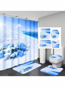 1pc/4pcs Ocean & Beach Floral Print Bathroom Curtain Set 12 Hooks, Anti-Slip Bath Mat, U-Shaped Toilet Mat & Round Toilet Cover, Multifunctional Bathroom Set For All Occasions Back To School