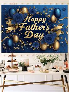 1pc Father's Day Backdrop, Premium Blue & Gold Design, Multiple Size Options, Electricity-Free, Multipurpose Polyester Fiber Home Decor, Suitable For Holiday Living Room, Bedroom, Office And Outdoor Space Party, Party Decoration, Father's Day Decoration - Multicolor - View 1