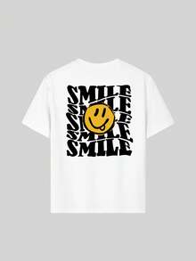 1 件女童休闲笑脸图案圆领短袖 T 恤，富有想象力和自我表达的夏季学生上衣 - 白色 - 查看 4